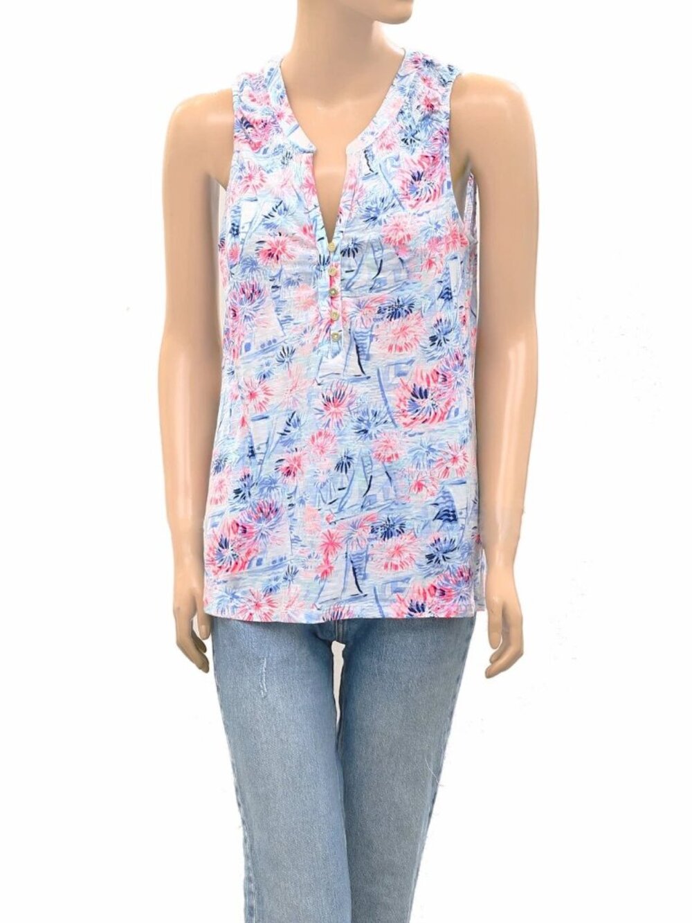 Lilly Pulitzer Essie Printed Tank Blouse Top Smocked Cotton Beach XS 290320